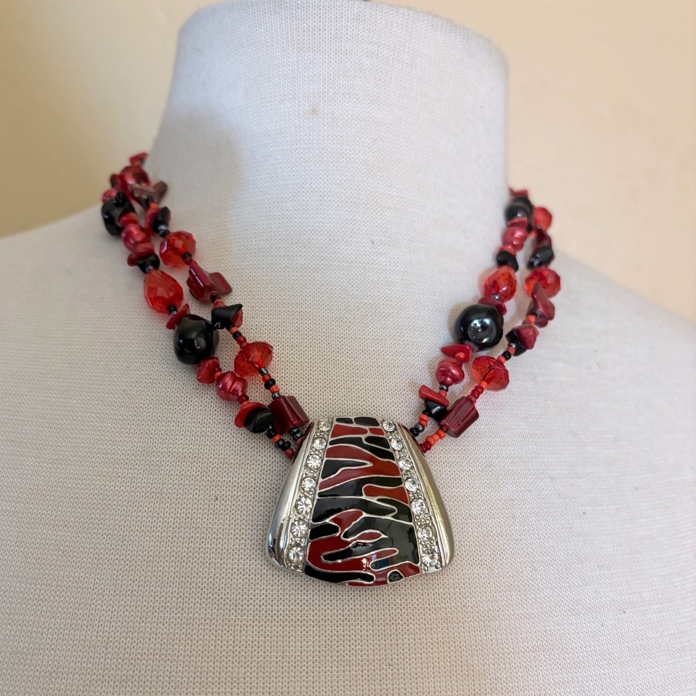 Red Black Zebra Print Enamel Statement Necklace Rhinestone Double Strand Beaded